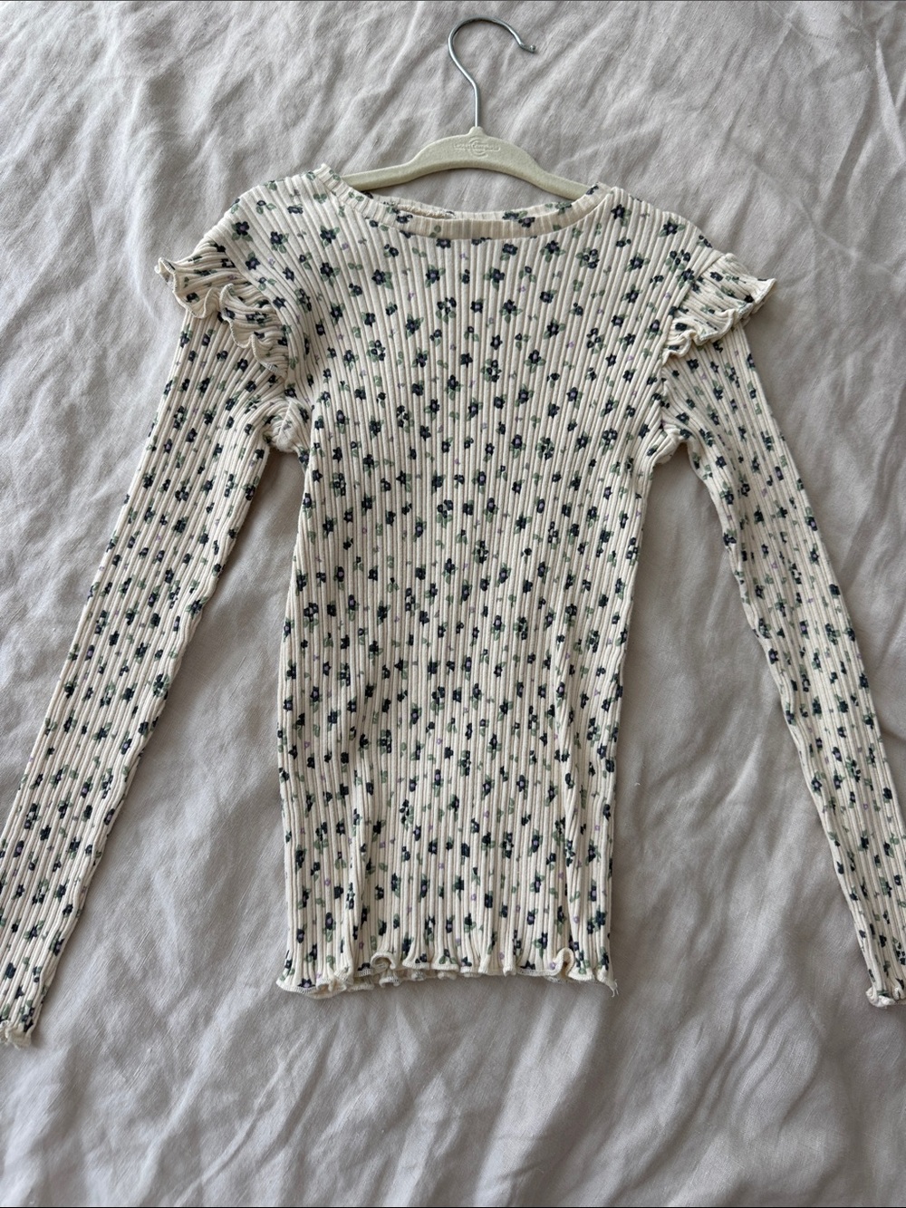 Cream Ribbed Floral Long-Sleeve Top with Ruffle Shoulders